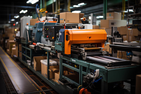 Production line of the factory. CNC automatic woodworking machine. Industrial backgroundの素材