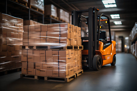 Forklift truck in warehouse. Cargo freight transportation. Industrial backgroundの素材