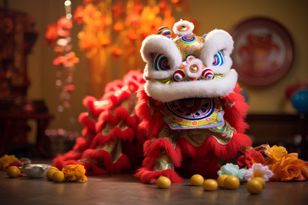 Chinese New Year of the Monkey, Lion Dance in the Chinese Templeの素材