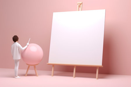 Female artist with easel and blank canvas on pink background, 3D renderingの素材