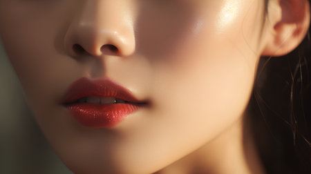Beautiful woman with red lips. Close-up portrait of beautiful female faceの素材