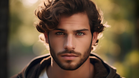 Portrait of a handsome young man in the park. Men's beauty, fashion.の素材