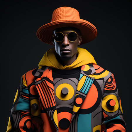 African american man in stylish coat and hat isolated on black backgroundの素材