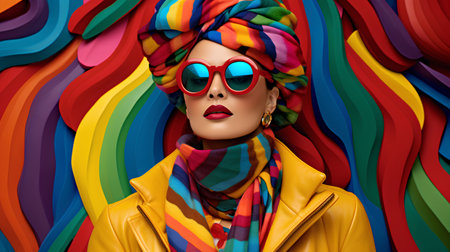 Fashion portrait of a beautiful african american woman in a multicolored turban and sunglasses on a colorful background.の素材