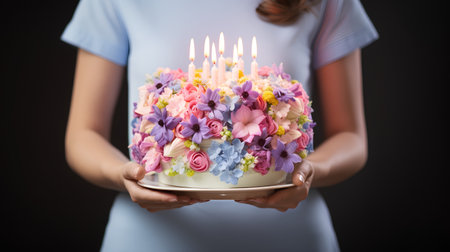 Woman holding a birthday cake with candles in her hands, closeupの素材