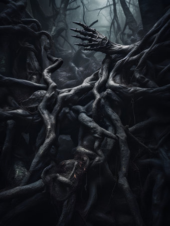 Tree roots in dark forest. Halloween concept. 3D Renderingの素材
