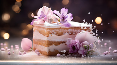 Delicious cake with flowers on the background of bokeh lightsの素材
