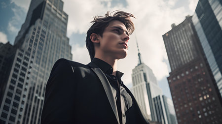 Portrait of a young handsome man in a business suit on the background of skyscrapersの素材