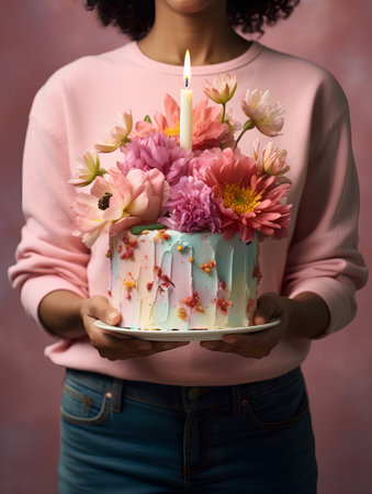 Woman holding a cake with flowers and a candle, close-upの素材