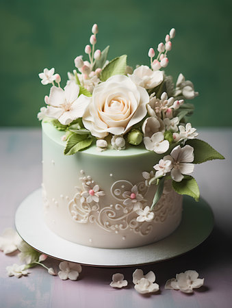 Wedding cake decorated with white flowers and green leaves, squareの素材