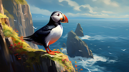 Atlantic puffin on the cliff. Vector illustration in cartoon style.の素材