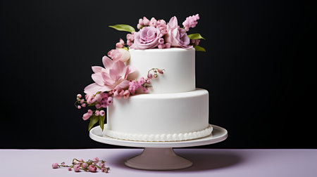 White wedding cake with pink flowers on a black background. 3d renderingの素材