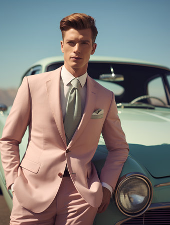 Handsome young man in elegant suit standing near vintage car on sunny dayの素材