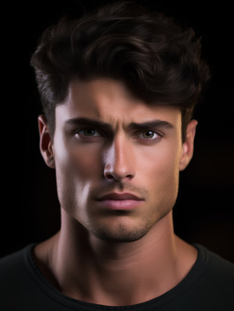 Portrait of a handsome young man on black background. Men's beauty, fashion.の素材