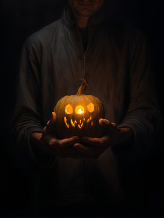 Halloween pumpkin in the hands of a man on a dark backgroundの素材