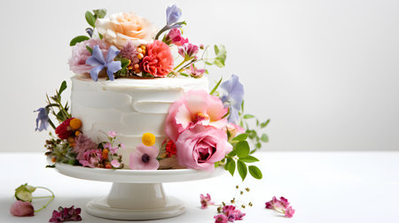 wedding cake decorated with flowers on a white background. selective focusの素材
