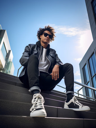 Young african american man in black sportswear and sunglasses sitting on stairs.の素材