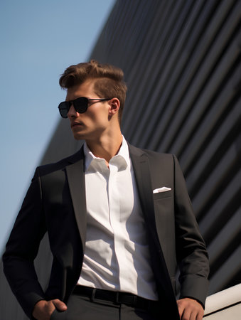 Portrait of a handsome young man in a suit and sunglasses. Men's beauty, fashion.の素材