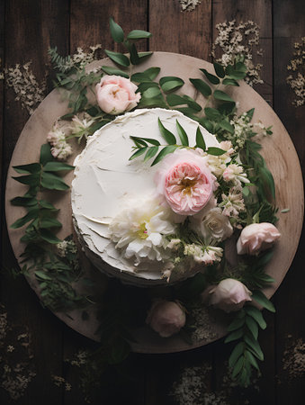 Cake with cream cheese and flowers on wooden background. Top viewの素材
