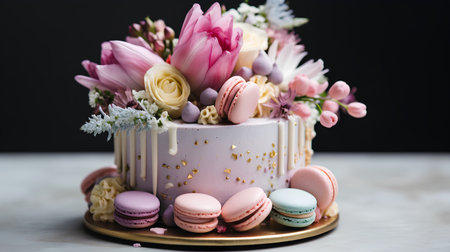 Beautiful wedding cake decorated with flowers and macaroons, closeupの素材