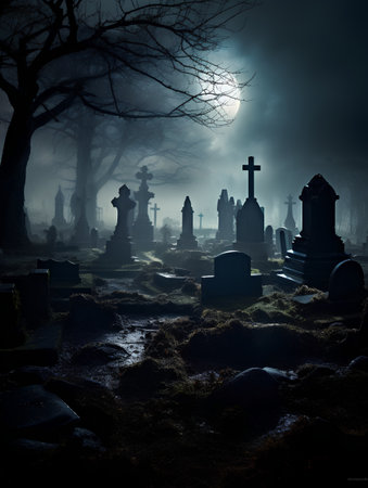 Gravestones in the cemetery at night with full moon. Halloween conceptの素材