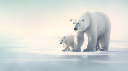 Polar bear mother with cubs on the ice. 3d illustrationの素材