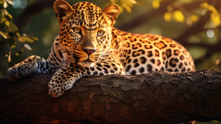 Leopard resting on a tree branch at sunset. Animal portrait.の素材