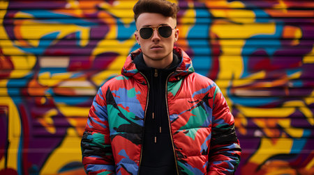 Handsome young man in a stylish jacket and sunglasses on a graffiti background.の素材