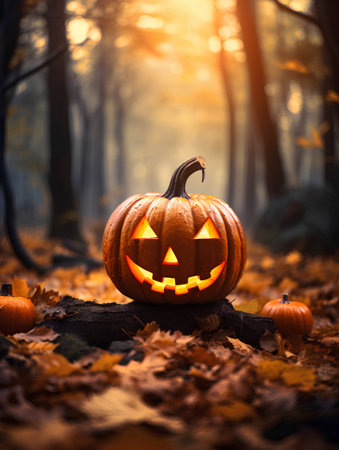 Halloween pumpkin head jack lantern in autumn forest. Halloween background.の素材