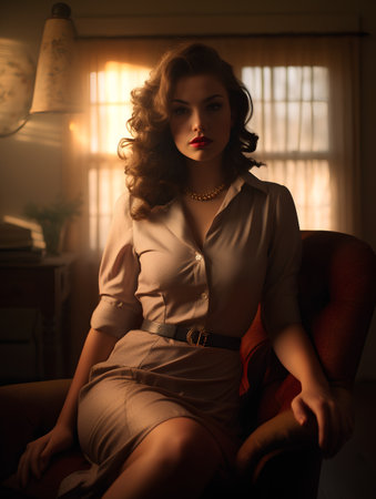 Portrait of a beautiful young woman in a vintage interior. Retro style.の素材