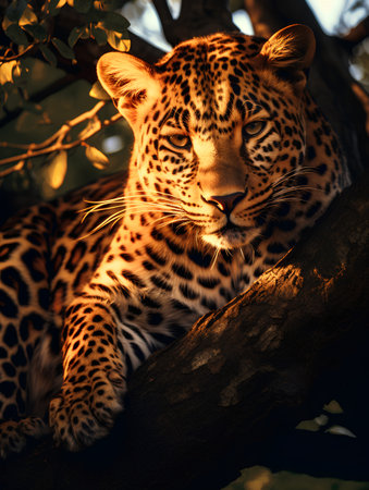 Leopard resting on a tree branch in the shade of a treeの素材