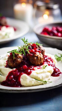 Meatballs with cranberry sauce and mashed potatoes. Selective focus.の素材