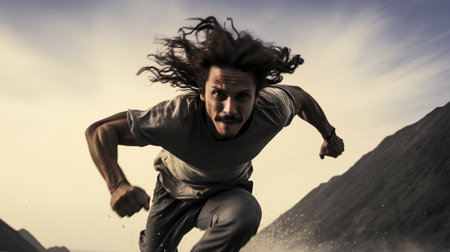 Young man dancing breakdance in the mountains with clouds in the backgroundの素材