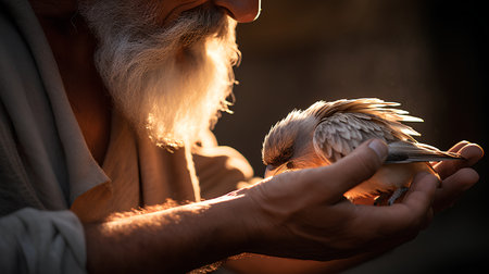 Old man with long white beard and mustache holding a small bird in his handの素材