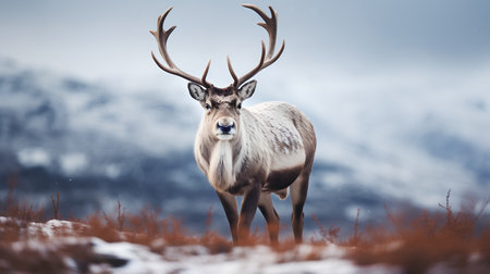 Wild reindeer in snowy landscape. Winter scene. 3d renderingの素材