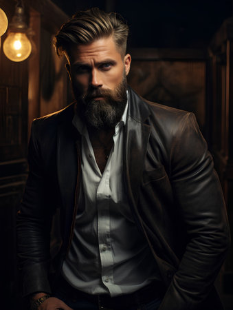 Portrait of a handsome man with a stylish haircut and beard. Men's beauty, fashion.の素材