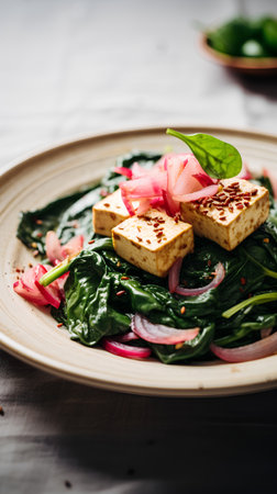 Tofu salad with spinach, red onion and sesame seedsの素材