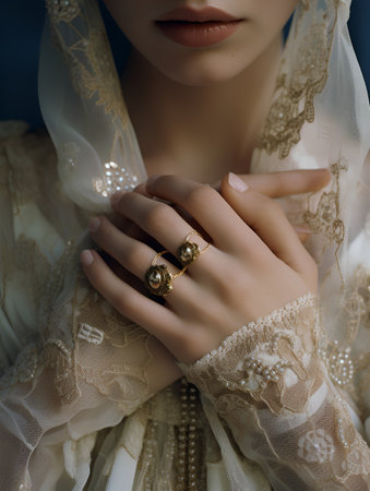 Beautiful female hands with jewelry on the background of a wedding dress.の素材
