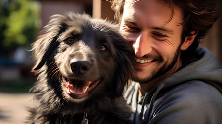 Close up portrait of a happy young man with his dog outdoors.の素材