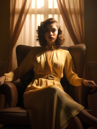Beautiful woman in a yellow dress sitting in an armchair.の素材