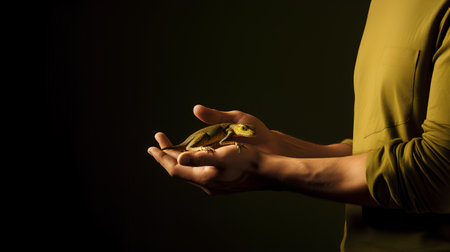 Young man holding a lizard in his hands on a dark background.の素材