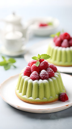 Green tea cake with raspberries and mint on a light backgroundの素材