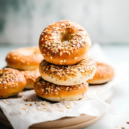 Freshly baked bagels with sesame seeds on a light background.の素材