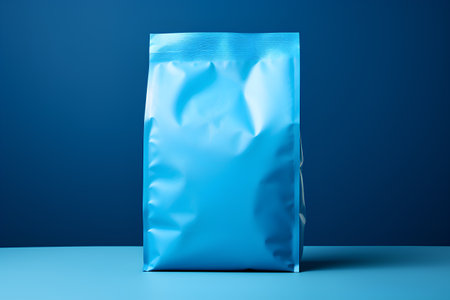 Blue plastic bag for food and drink on blue background. 3d renderingの素材