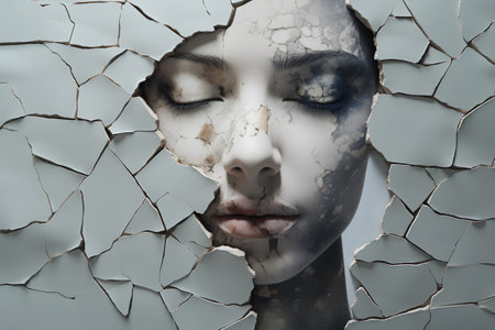 Fashion art portrait of beautiful woman with cracked skin on grey backgroundの素材