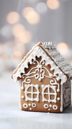 Christmas gingerbread house with snowflakes on a bokeh backgroundの素材