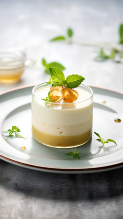 Panna cotta with mint and honey on a white plate.の素材