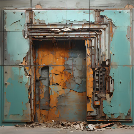Abandoned industrial building with rusty metal door. 3d renderingの素材