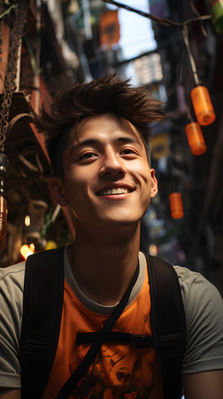 Portrait of a young handsome asian tourist man smiling on the street.の素材