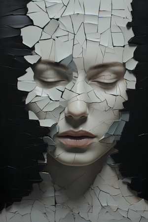 Portrait of a beautiful woman in a cracked wall. 3d renderingの素材